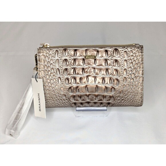 Brahmin Daisy Large Zip Wristlet - Silver Lining, Grey Taupe Brown NWT - Picture 1 of 9